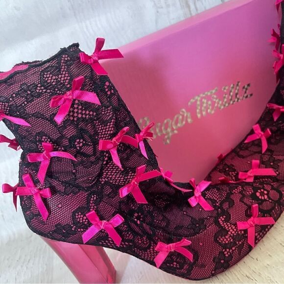 NIB Sugar Thrillz rubine portrait mode black and pink lace booties Sz 7 - Picture 5 of 8